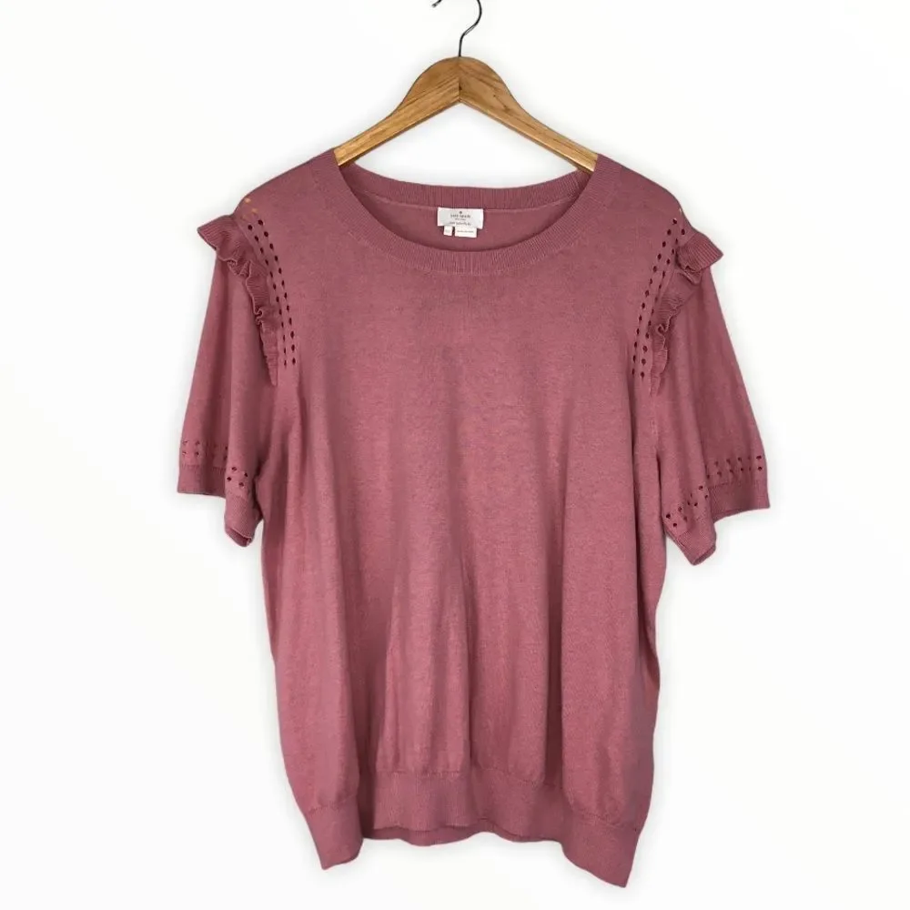 Kate Spade Light Pink Eyelet Ruffle Short Sleeve Sweater size XXL NWT Crew Neck